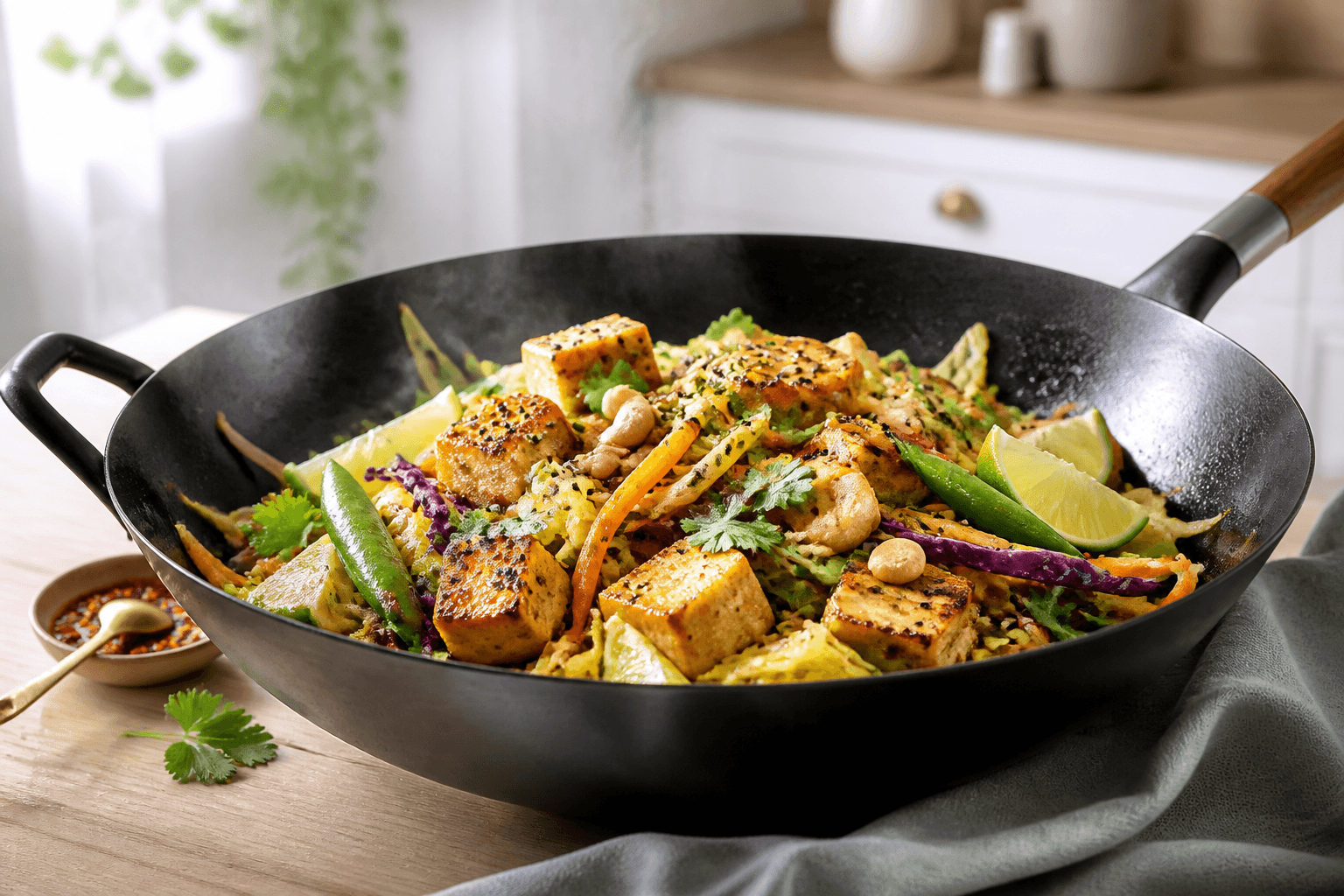 Sort wok med lynstegt karrykål, lilla kål, gulerod, sukkerærter, gylden tofu, cashewnødder, lime og koriander