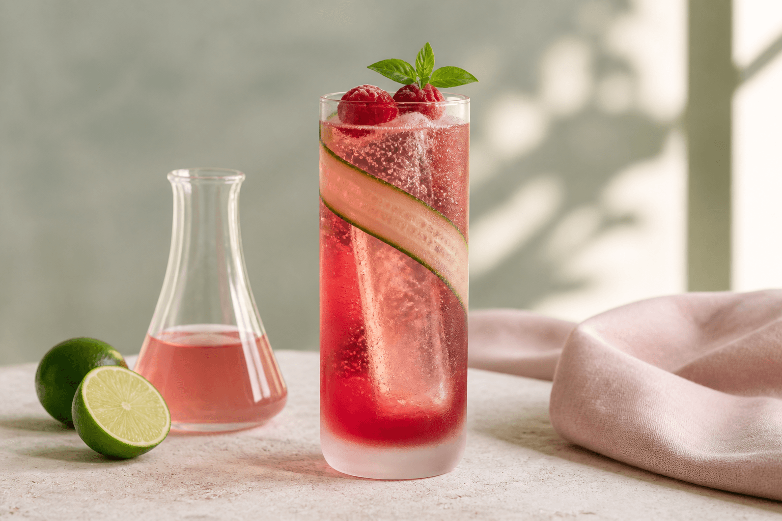 Høj frostet highball med rubinrød hindbær-rabarber-vodka-fizz, lang klar isstav, agurkebånd, hindbær, basilikum og lime