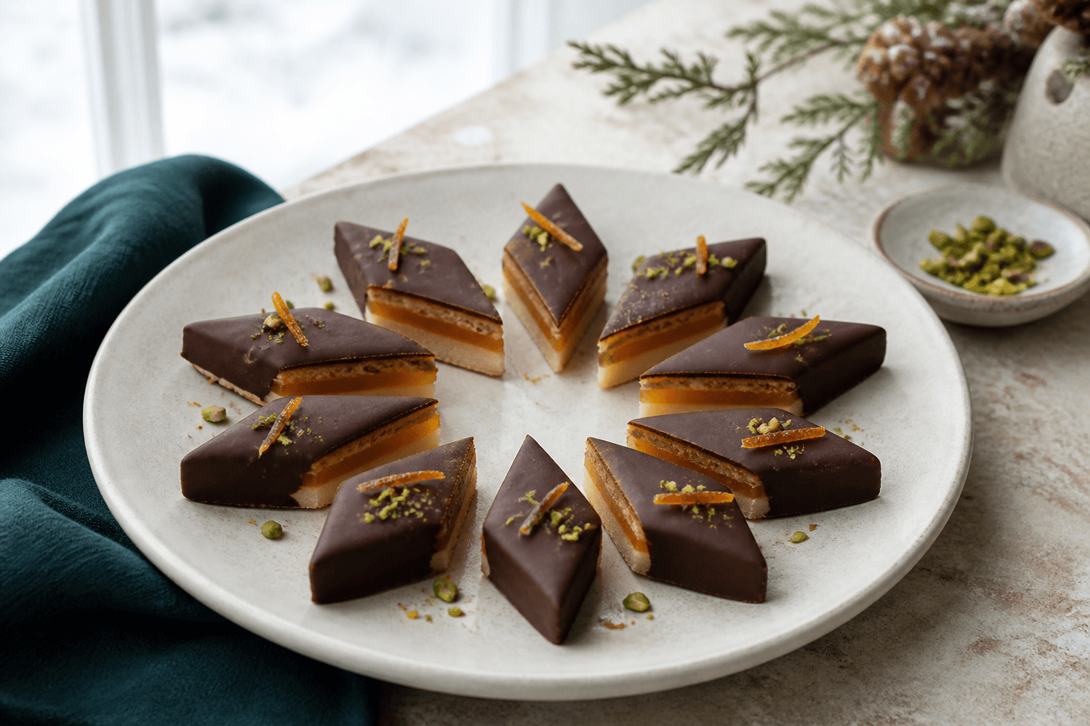 Tolv diamantformede marcipanpraliner med mandelmarcipan, blodappelsingelé, mandelknas, mørk chokolade, kandiseret appelsin og pistacie på cremefad