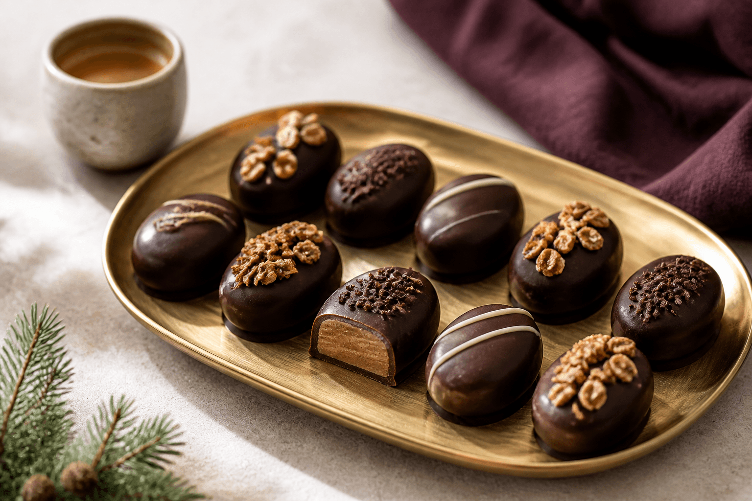 Ti ovale Irish cream-espresso-trøfler med tynd mørk skal, lys mokkaganache, havrepraline, kakaonibs og hvide chokoladestriber på messingfad