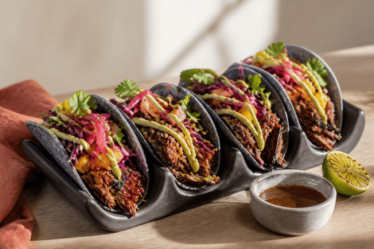 Fem blå majstacos med sprødkantet cider-chipotle pulled pork, pink ananas-kålslaw, syltet rødløg, avocado-limecreme og ristede græskarkerner i mørkt tacostativ