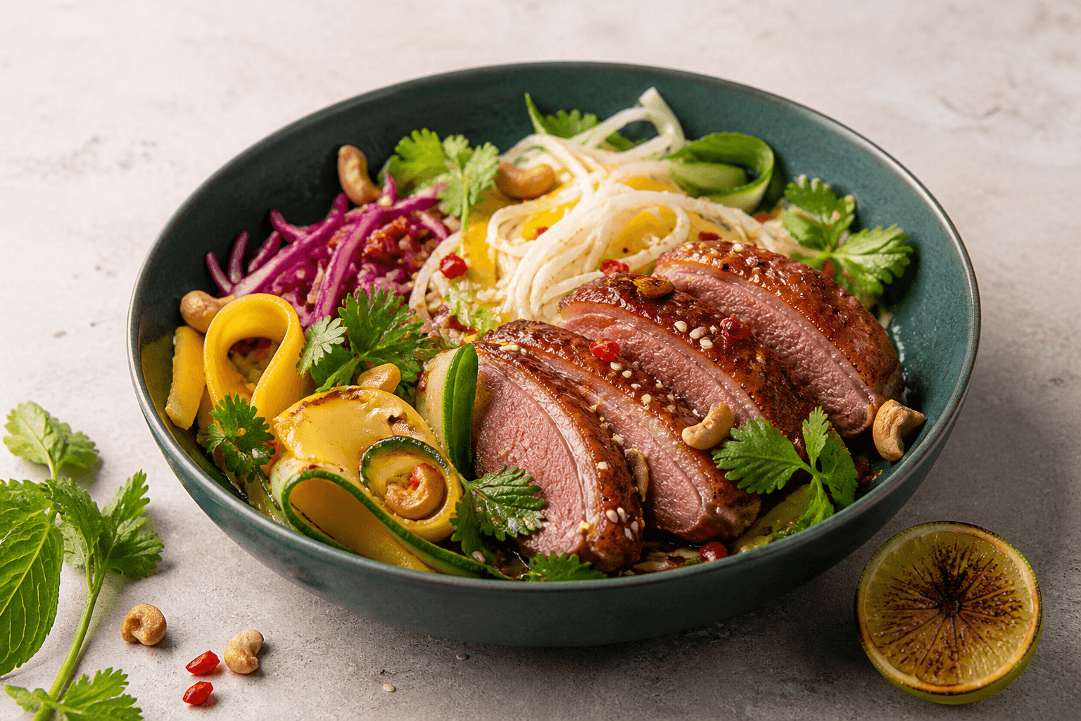 Dyb petrolgrøn skål med rosa skiver af sprødstegt andebryst, mangobånd, rødkål, agurk, risnudler, koriander, mynte, cashewnødder og lime-chilidressing