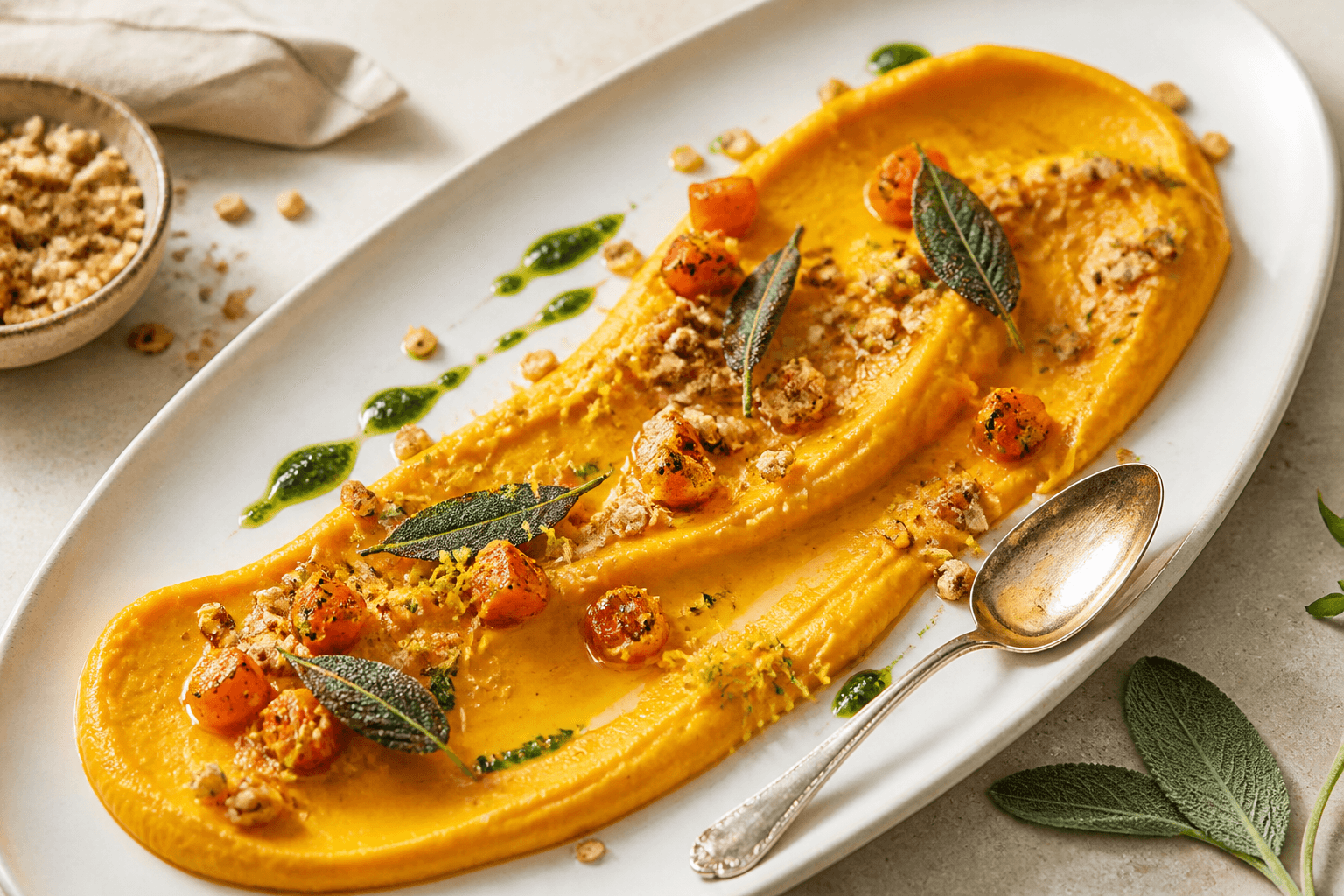 Lang cremefarvet tallerken med silkeblød orange hokkaidomos, brunet smør, sprød salvie, små ristede græskartern, hasselnødde-havreknas, citron og persilleolie