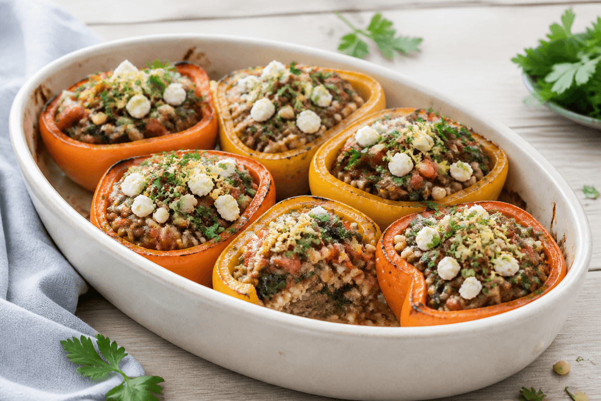 Seks gule og orange halve peberfrugter i cremefarvet oval bageform fyldt med oksekød, perlebyg, tomat, spinat, feta, persille, citron og pinjekerner