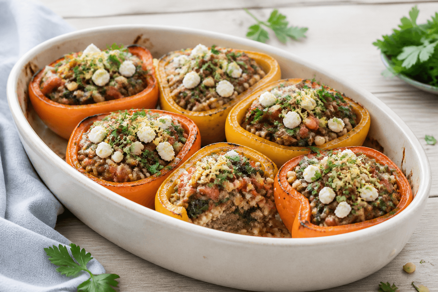 Seks gule og orange halve peberfrugter i cremefarvet oval bageform fyldt med oksekød, perlebyg, tomat, spinat, feta, persille, citron og pinjekerner