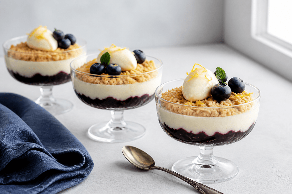 Tre lave dessertcoupes med lag af blank blåbær-solbærkompot, lys citron-vaniljecreme, gyldent rug-mandelknas, cremequenelle, blåbær, mynte og citronskal