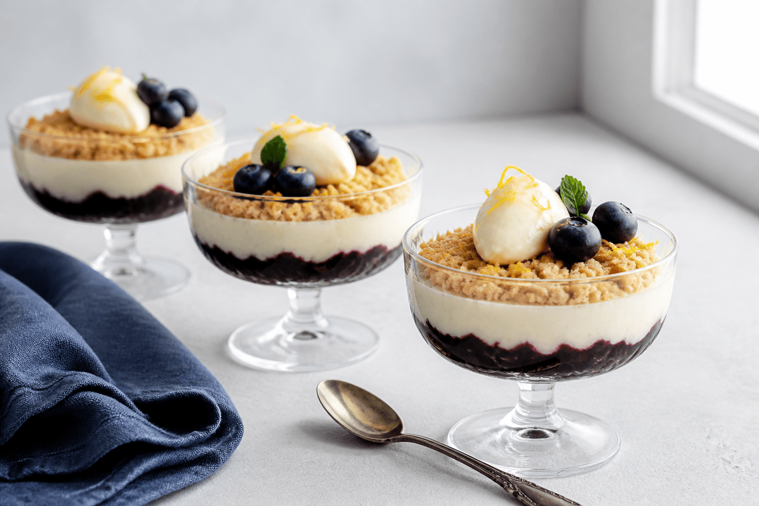 Tre lave dessertcoupes med lag af blank blåbær-solbærkompot, lys citron-vaniljecreme, gyldent rug-mandelknas, cremequenelle, blåbær, mynte og citronskal