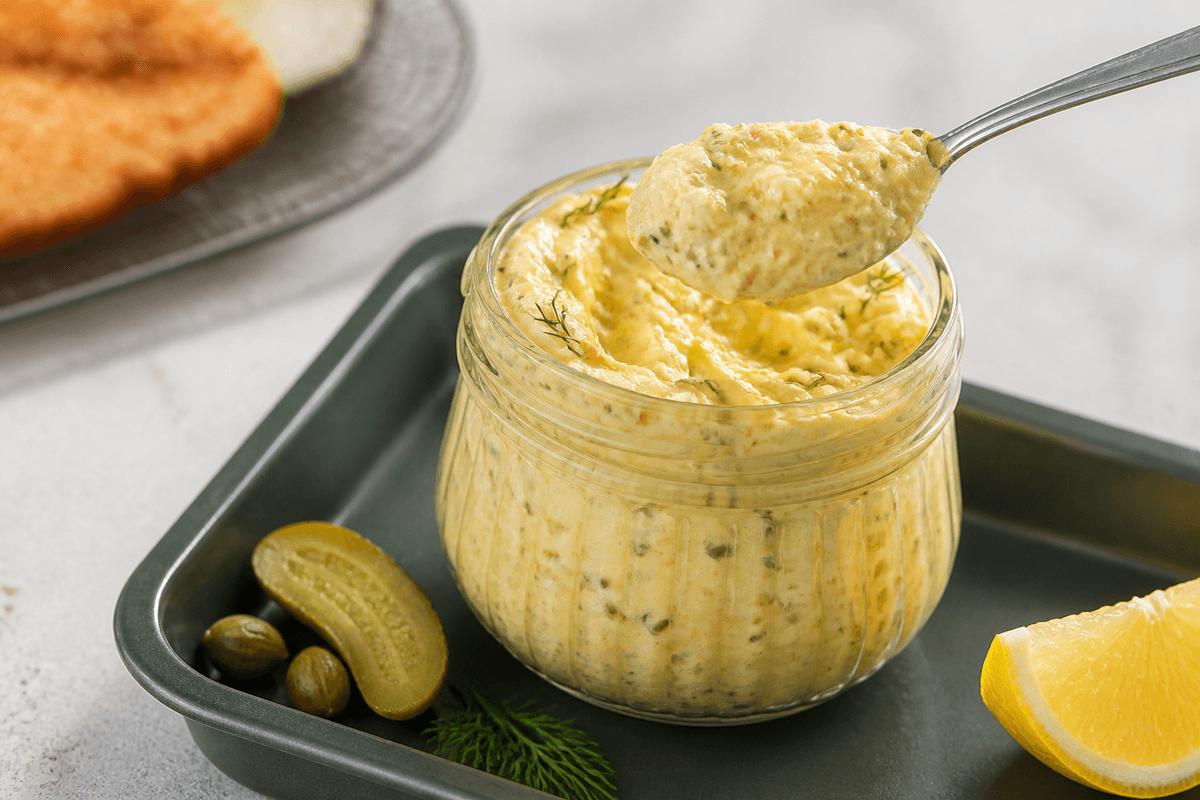 Ribbet glas med tyk gylden hjemmelavet remoulade på mørkegrøn bakke og sølvteske med synlige stykker af cornichon, gulerod, kapers og dild samt citron