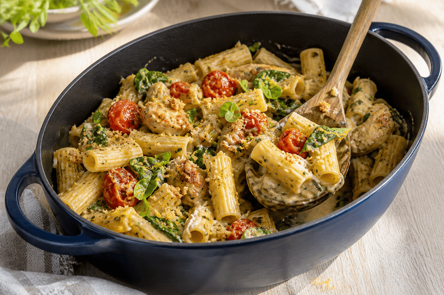 Mørk marineblå gryde med færdig cremet rigatoni, gyldne gennemstegte kyllingestykker, spinat, ristede cherrytomater, citron-parmesan-rugknas og basilikum