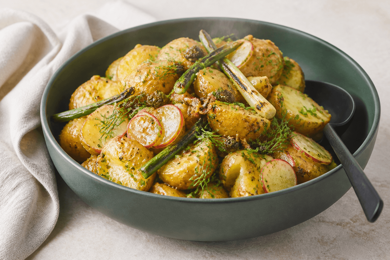 Varm kartoffelsalat i dyb skovgrøn skål med små gyldne kartofler, cider-sennepsdressing, forkullede forårsløg, radiser, dild, purløg og sprøde kapers
