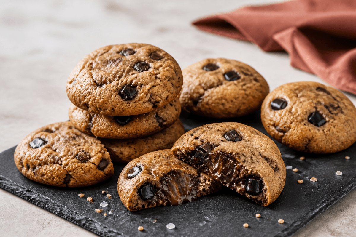 Syv tykke gyldne cookies med mørk chokolade, blød lakridskaramel, sort lakrids og havsalt på mørk skifer, én brækket åben