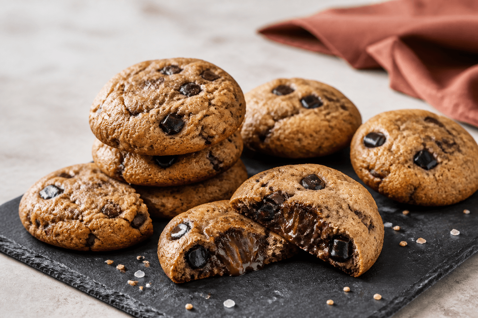 Syv tykke gyldne cookies med mørk chokolade, blød lakridskaramel, sort lakrids og havsalt på mørk skifer, én brækket åben