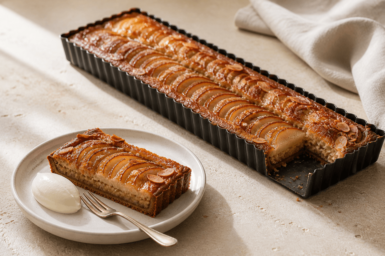 Lang rektangulær pæretærte med rugbund, brunet-smør-frangipane, glaserede pæreskiver og mandler, med ét stykke på lys tallerken og creme fraiche