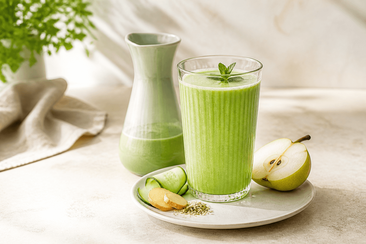 Ét højt ribbet glas med cremet grøn smoothie af pære, agurk, spinat og ingefær på lys tallerken med salviegrøn karaffel