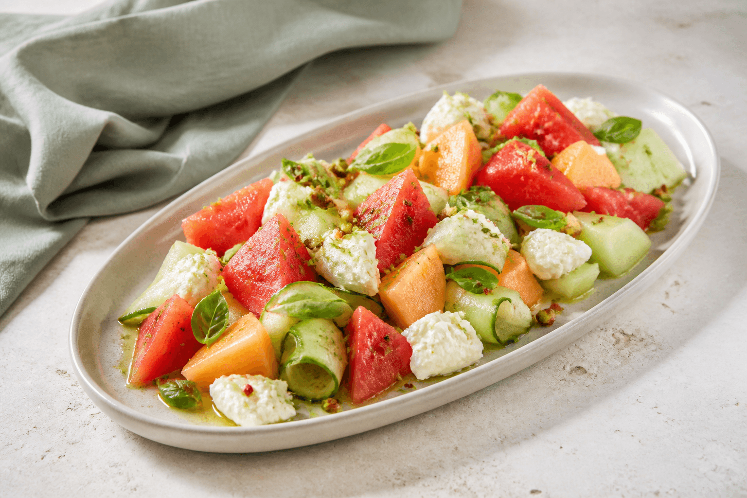 Langt lyst fad med geometriske stykker vandmelon, cantaloupe og honningmelon, agurkebånd, burrata, pistacie, basilikum og lime