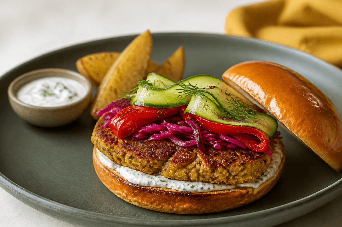 Åben kikærteburger på skovgrøn tallerken med sprødstegt kikærtebøf, dildcreme, syltet rødkål, grillet peber, agurkebånd og gylden bolle