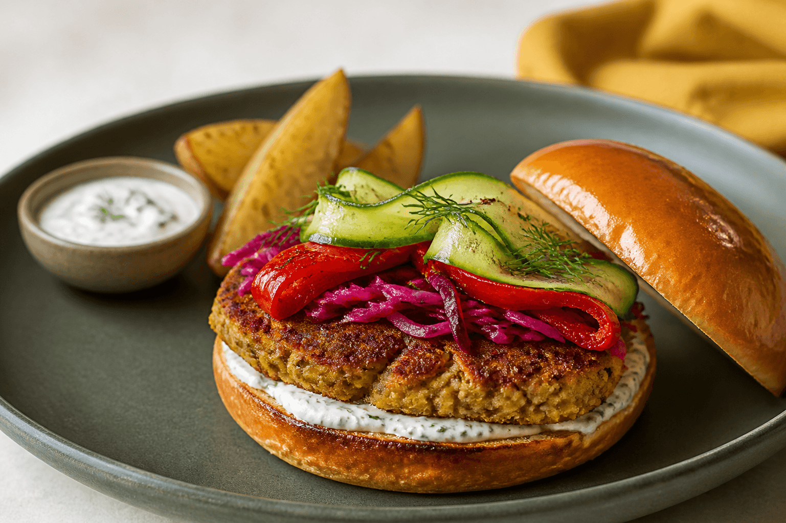 Åben kikærteburger på skovgrøn tallerken med sprødstegt kikærtebøf, dildcreme, syltet rødkål, grillet peber, agurkebånd og gylden bolle