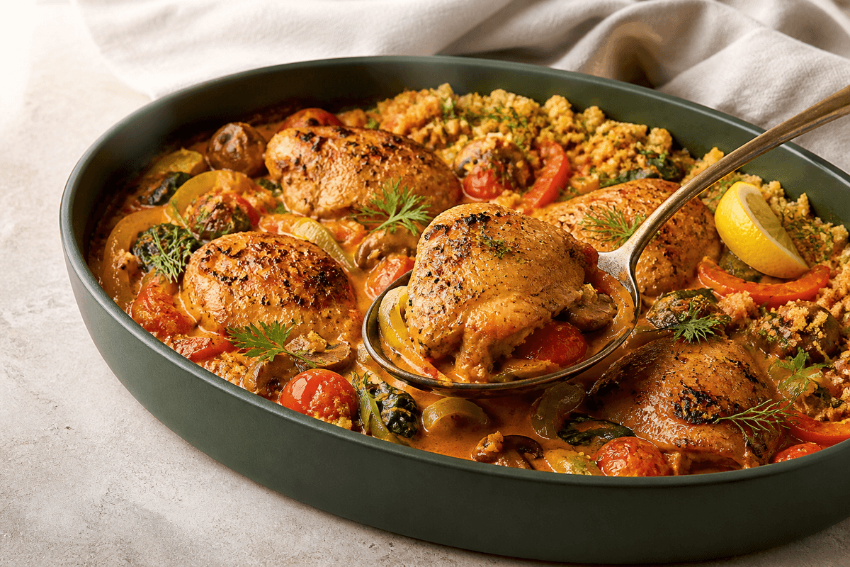 Dybt skovgrønt ovnfad med gyldne kyllingelår i pikant peberfrugt-tomatcreme, svampe, porre, peberfrugt, tomater, spinat og sprødt rugknas