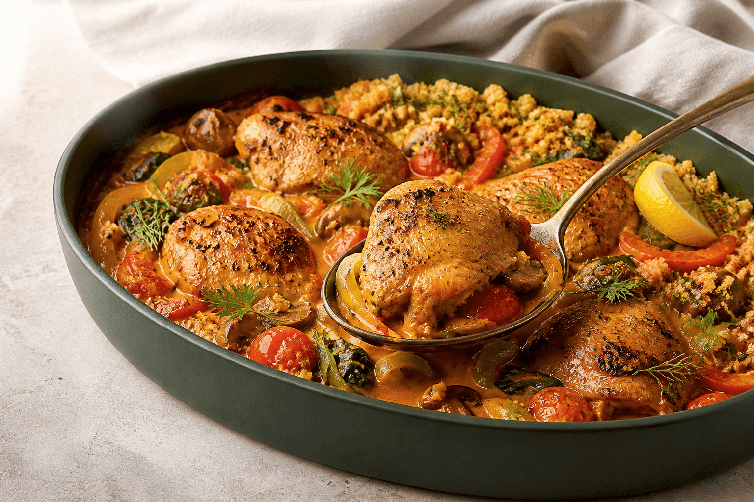 Dybt skovgrønt ovnfad med gyldne kyllingelår i pikant peberfrugt-tomatcreme, svampe, porre, peberfrugt, tomater, spinat og sprødt rugknas