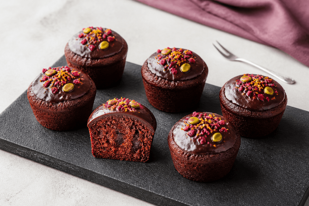 Seks mørke rødbede-chokolademuffins på sort stenbræt med blank ganache, hindbær, appelsinskal og pistacie samt én muffin skåret åben