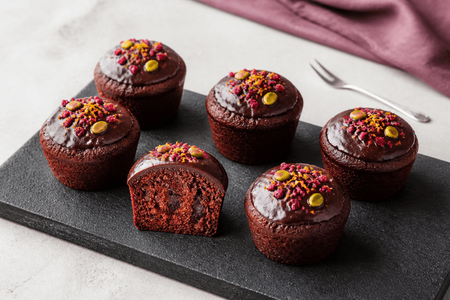 Seks mørke rødbede-chokolademuffins på sort stenbræt med blank ganache, hindbær, appelsinskal og pistacie samt én muffin skåret åben