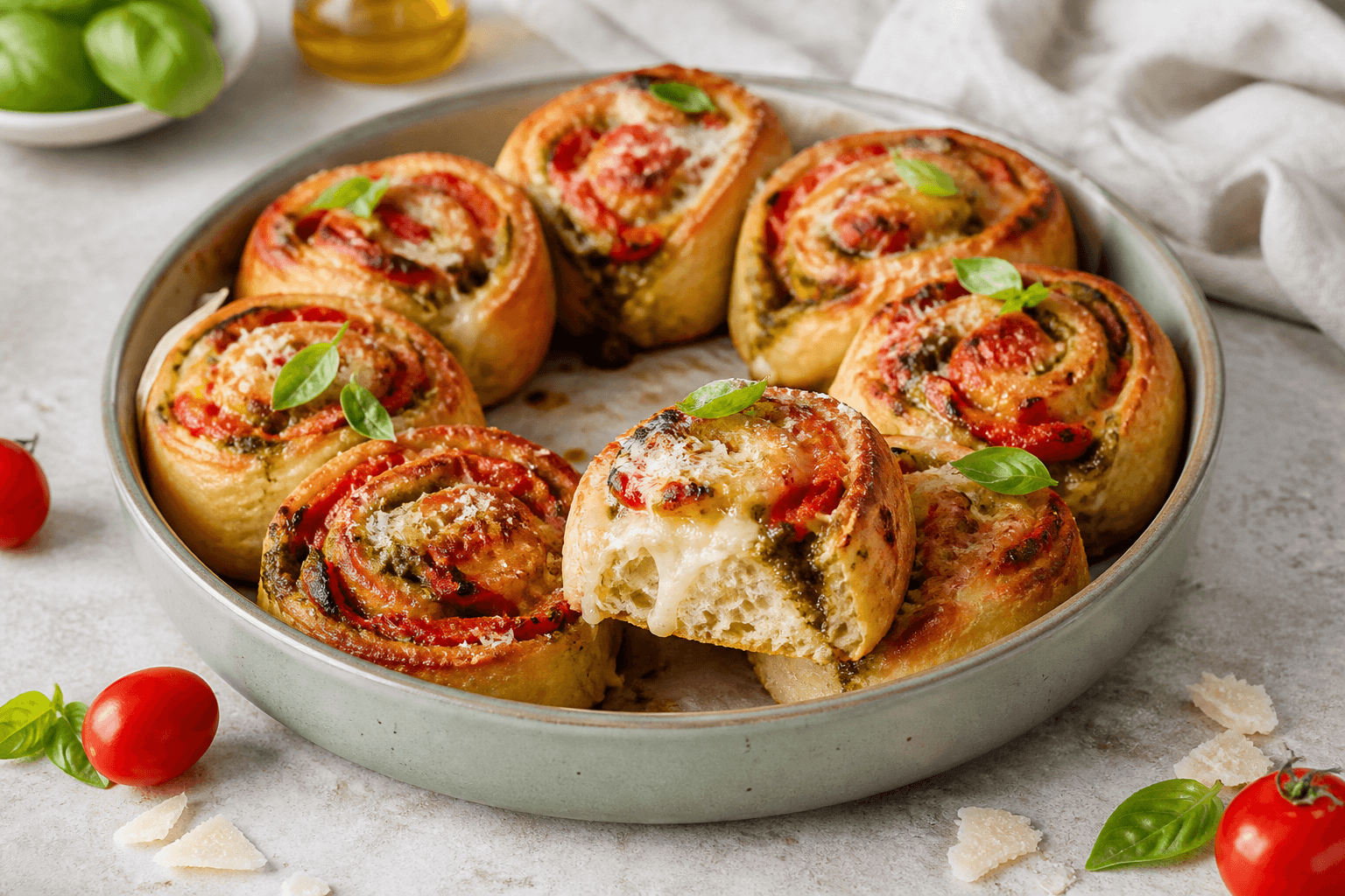 Ni gyldne pizzatwisters som spiralboller i rundt grønt fad med tomat, mozzarella, peberfrugt, basilikumpesto og parmesan