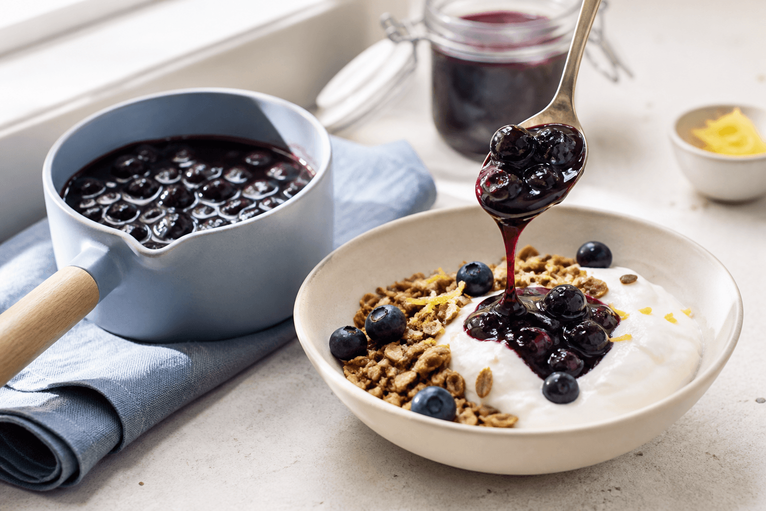 Blåbærkompot med hele bær i lyseblå gryde, hældt over skyr med ruggranola, citronskal og friske blåbær