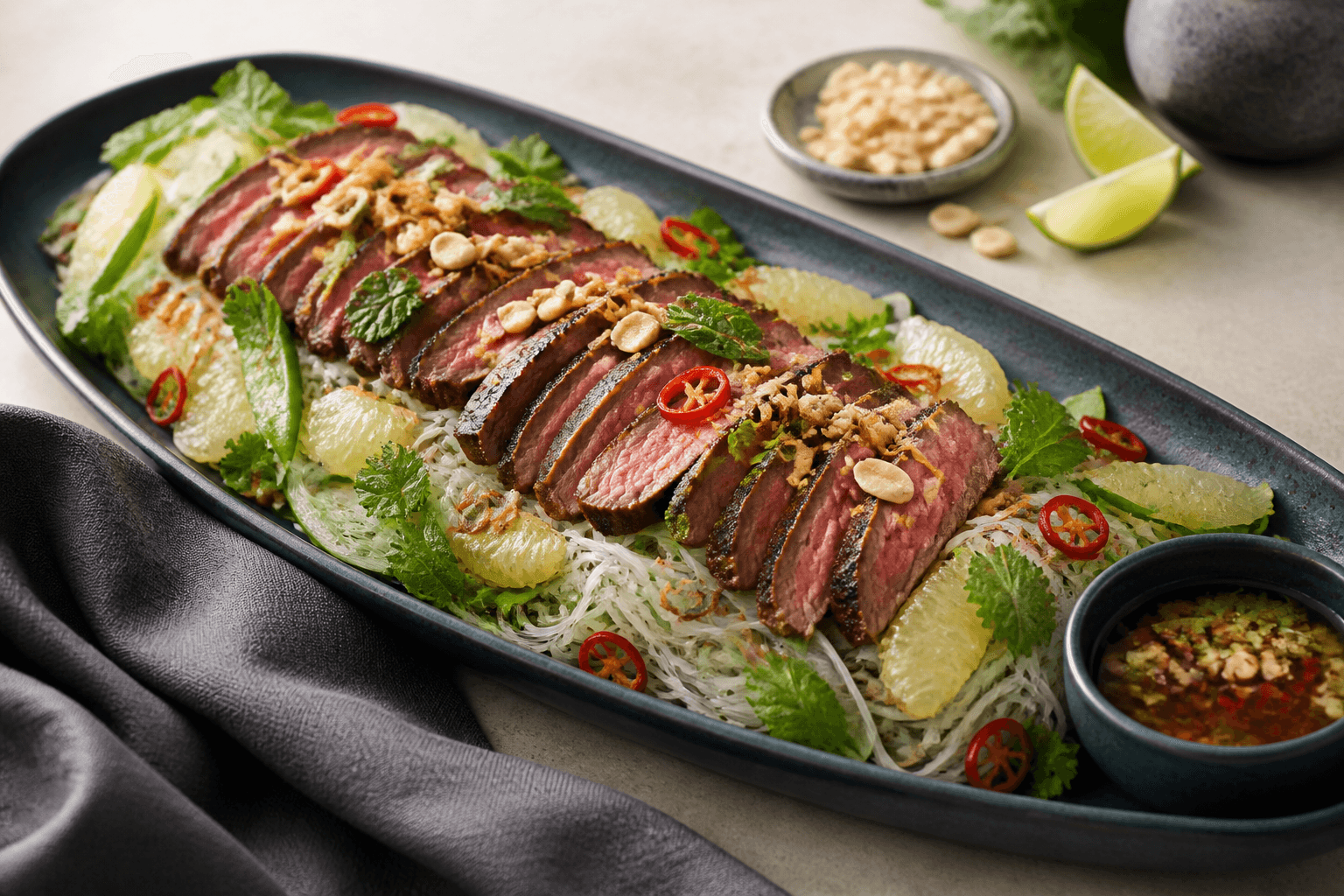 Thai beef salad på langt mørkt fad med rosa flanksteak, risnudler, pomelo, agurk, sukkerærter, urter, peanuts og chili
