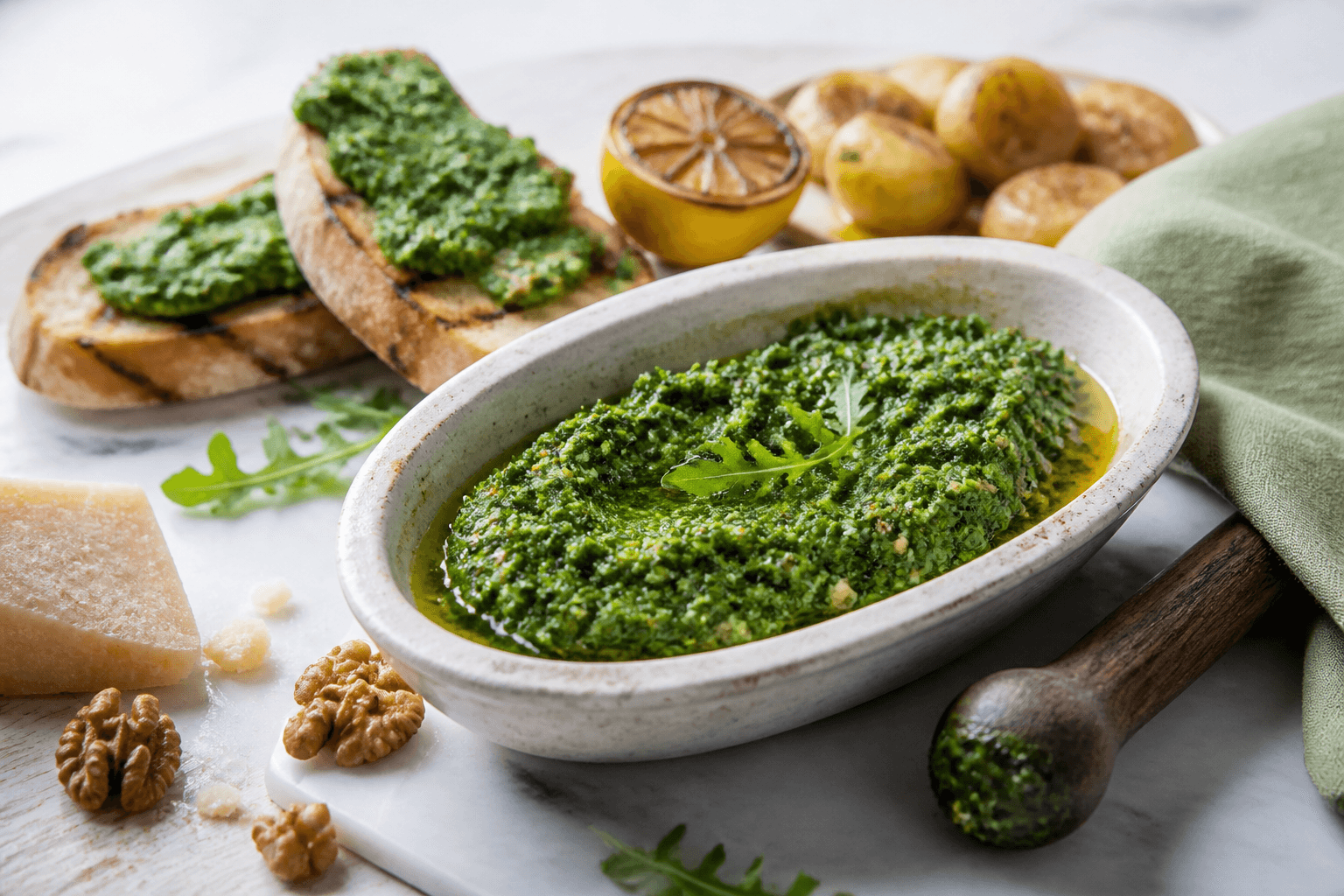 Grov grøn rucolapesto i oval cremefarvet morter med valnød, charret citron, lagret ost, grillet surdej og nye kartofler