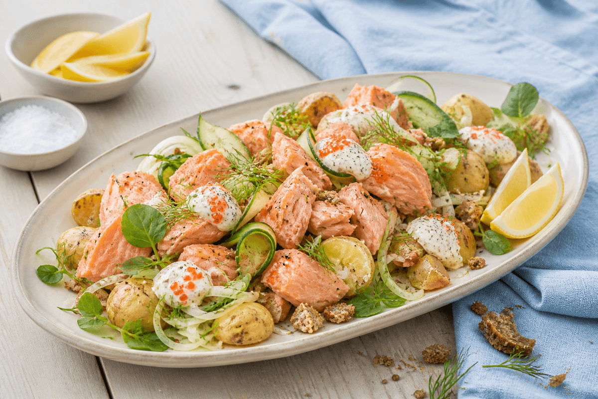 Langt lyst fad med store flager ovnbagt laks, knuste nye kartofler, fennikel, agurk, dild, karse og kærnemælksdressing med stenbiderrogn