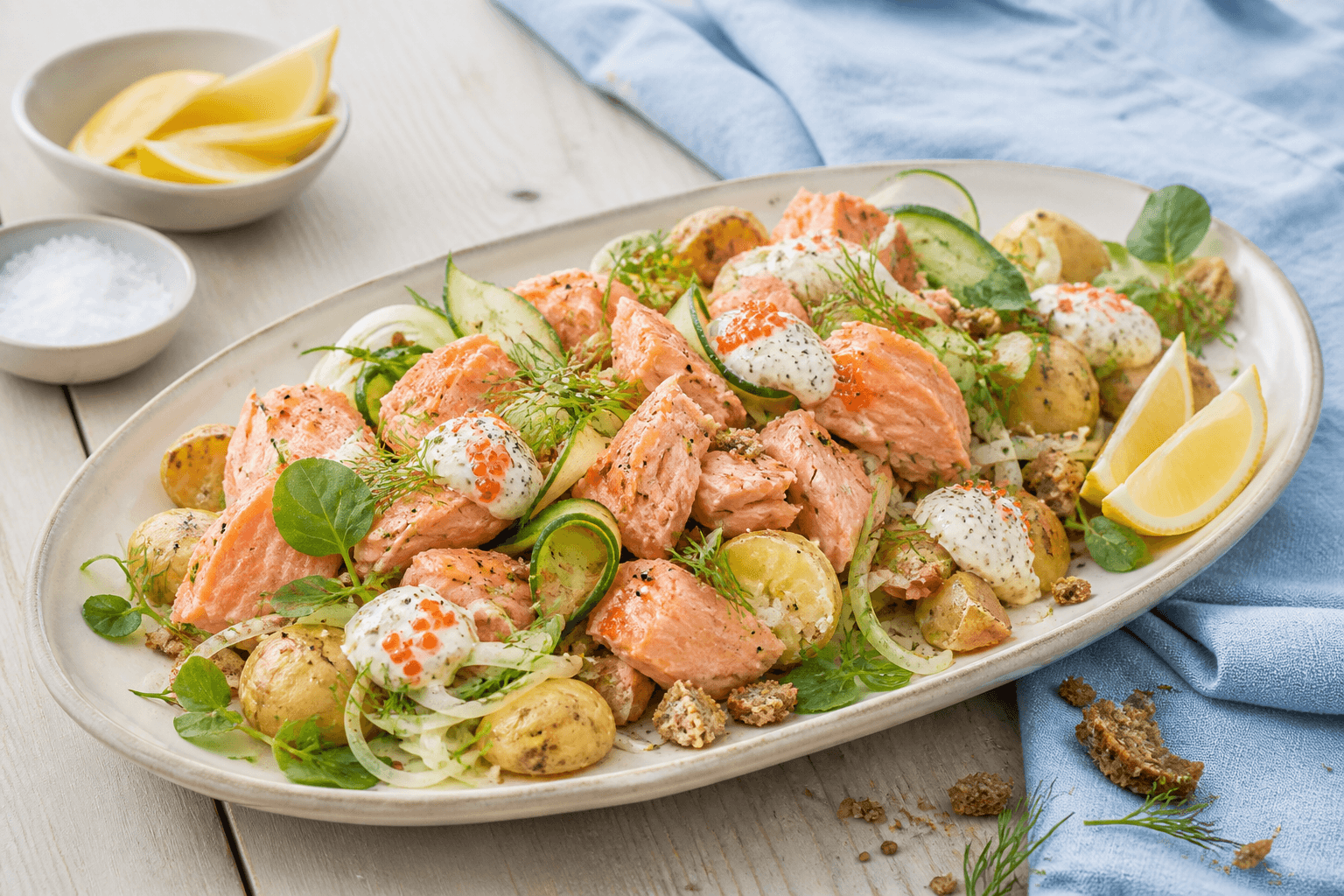 Langt lyst fad med store flager ovnbagt laks, knuste nye kartofler, fennikel, agurk, dild, karse og kærnemælksdressing med stenbiderrogn