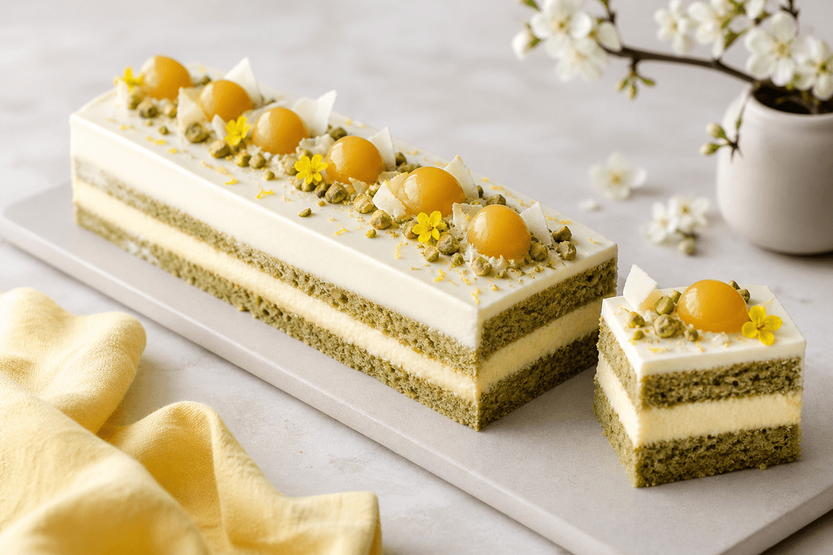 Rektangulær påskekage med tre grønne pistaciebunde, citron-mascarponecreme, gule passionsfrugtæg, pistacie, hvid chokolade og forårsblomster