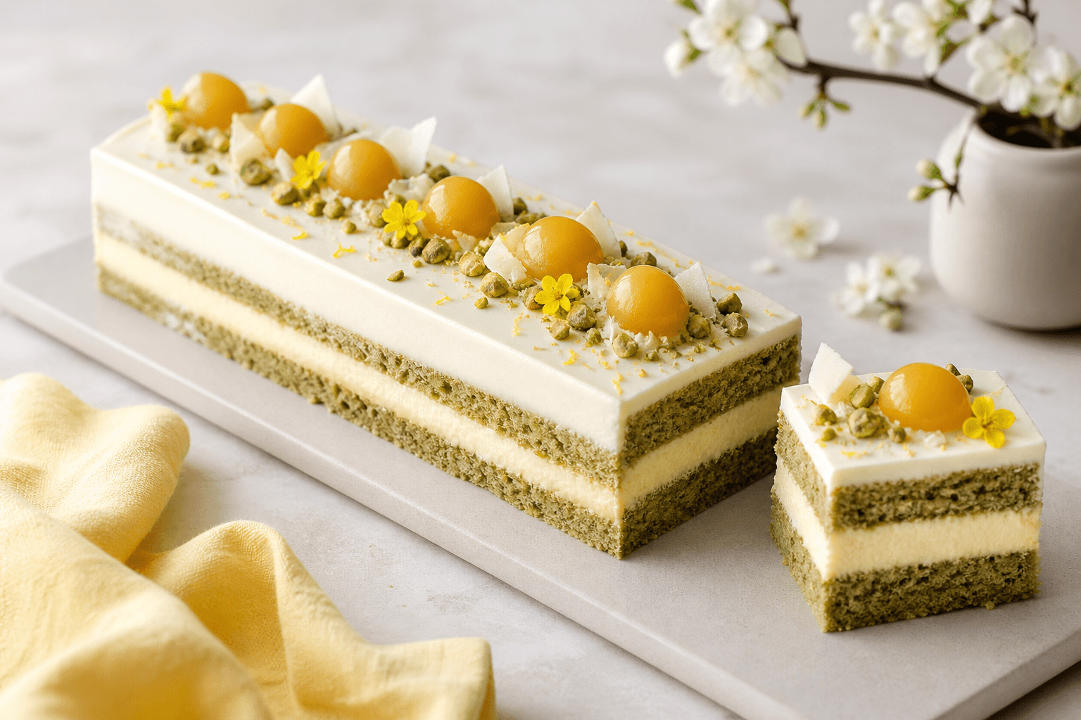 Rektangulær påskekage med tre grønne pistaciebunde, citron-mascarponecreme, gule passionsfrugtæg, pistacie, hvid chokolade og forårsblomster