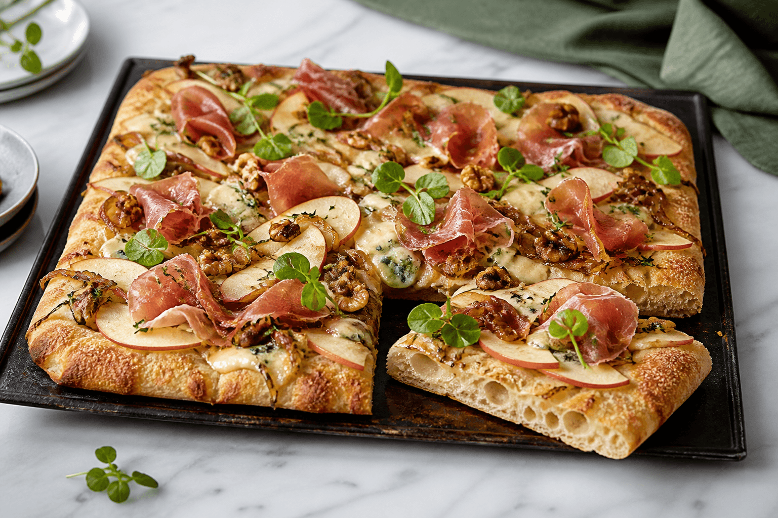 Rektangulær luftig pizza med æble, blåskimmelost, karamelliseret skalotteløg, valnød, serrano, timian og brøndkarse på mørk stålplade