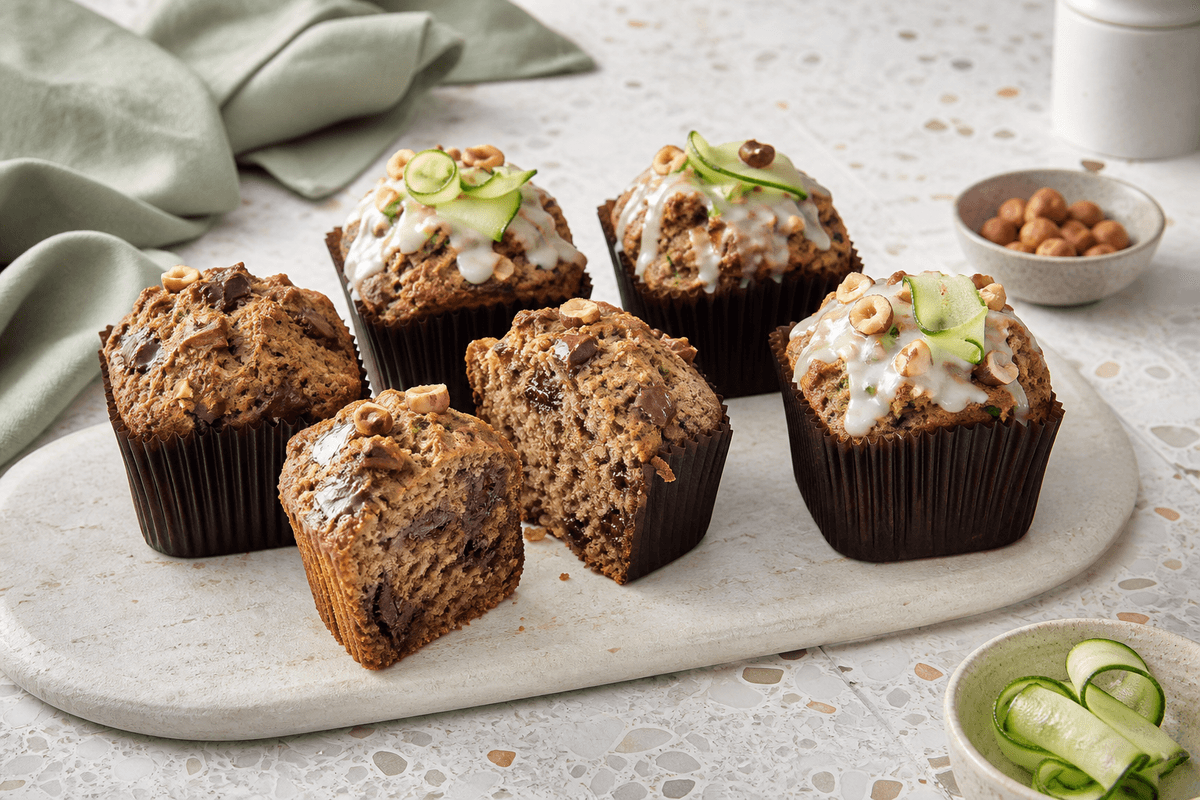 Seks høje firkantede squashmuffins med mørk chokolade og hasselnød, nogle med tynd citroncreme og squashbånd, én skåret åben
