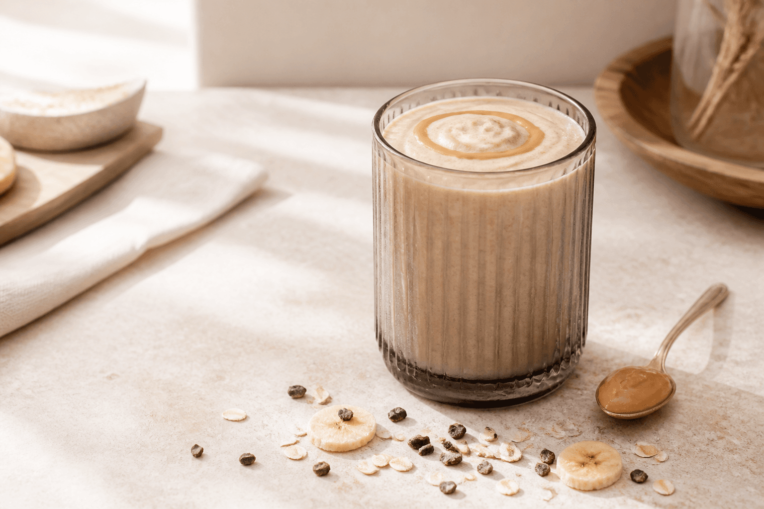 Kold cremet peanutbuttersmoothie i ribbet røgfarvet glas med banan, havre, kakaonibs og en lille ske peanutbutter