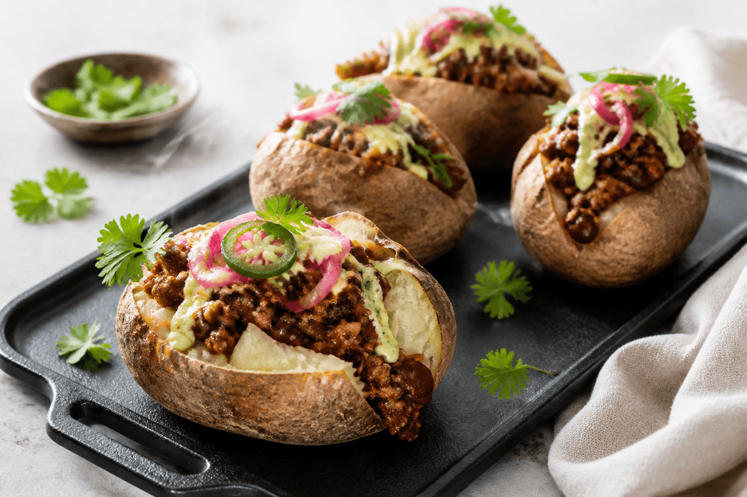 Fire sprøde bagekartofler på mørkt støbejernsfad med oksechili, sorte bønner, avocado-limecrema, syltet rødløg og koriander