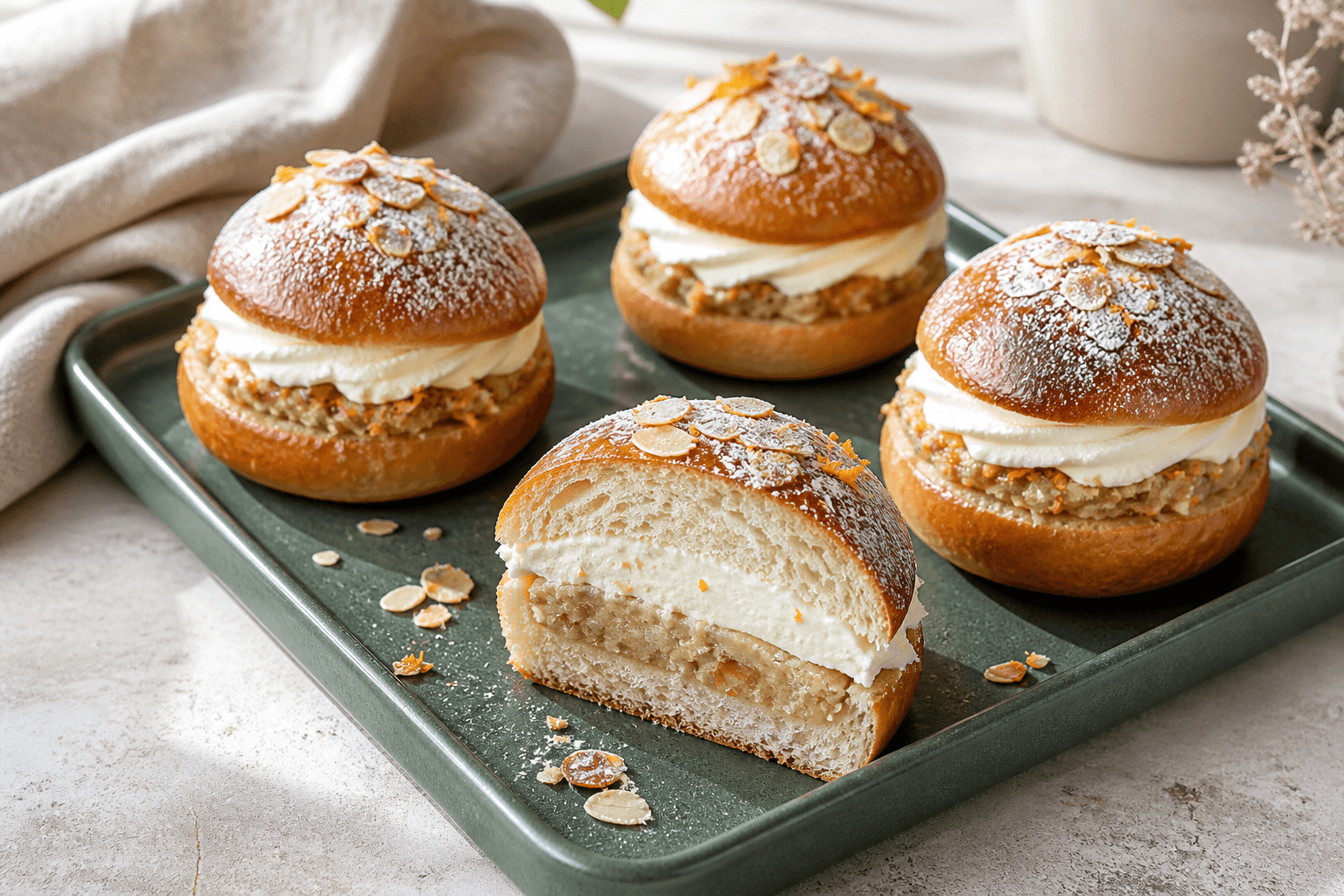 Mørkegrønt fad med fem gyldne semlor med mandel-appelsinfyld og vaniljefløde, én bolle skåret over så den luftige krumme ses