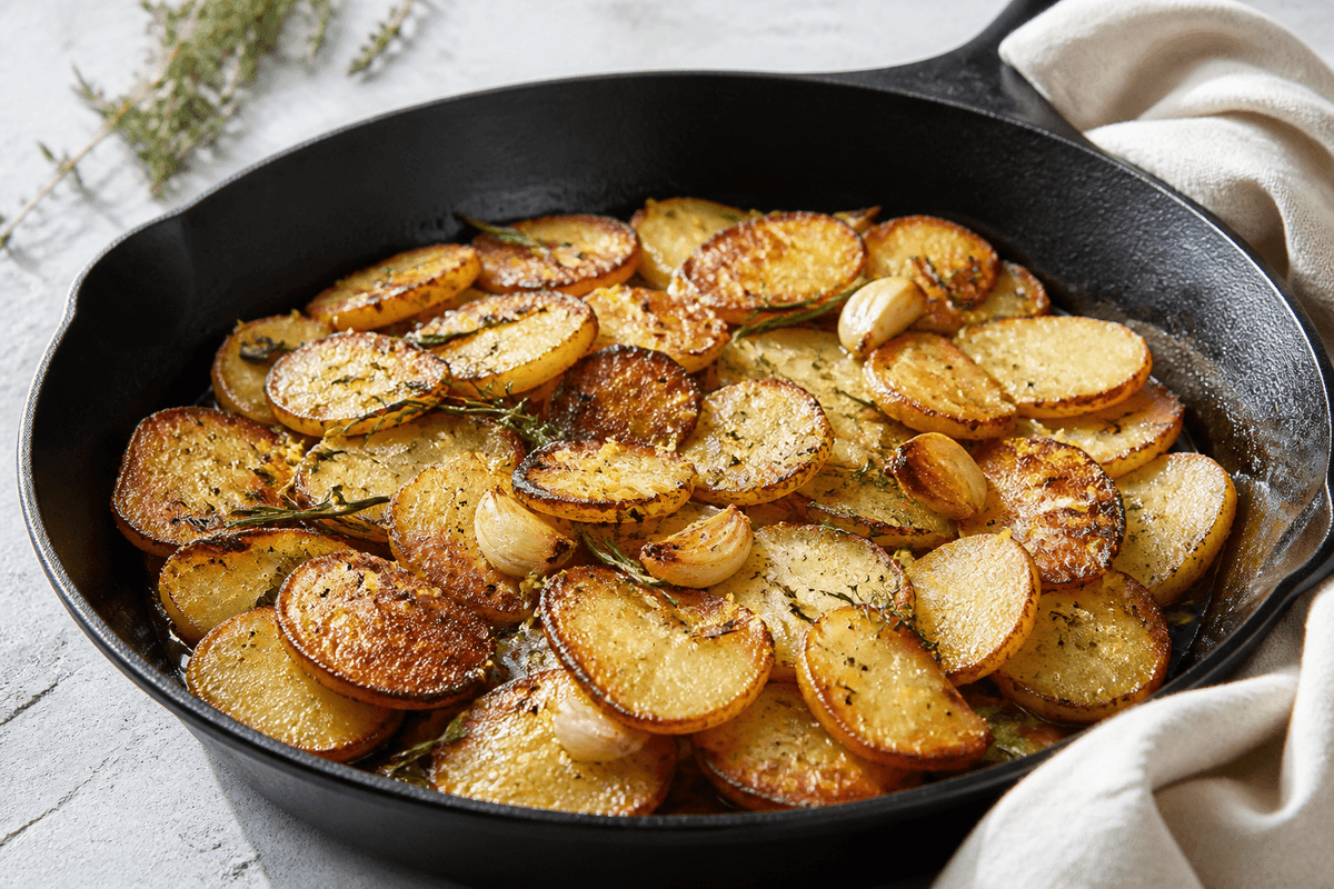 Sort støbejernspande med tynde råstegte gyldne kartoffelskiver, brunede hvidløgsfed, rosmarin, timian, citron og flagesalt