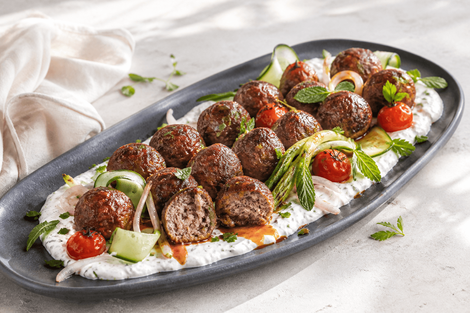 Langt mørkt fad med gyldne lammefrikadeller på citron-mynteyoghurt med aprikos-harissaglace, tomater, forårsløg, agurk og urter