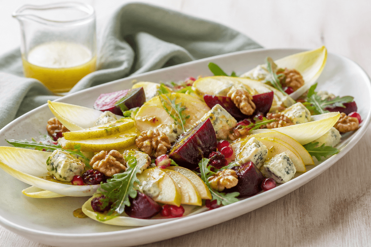 Langt lyst fad med julesalat, pære, bagt rødbede, blåskimmelost, valnødder, rucola, granatæble og gylden vinaigrette