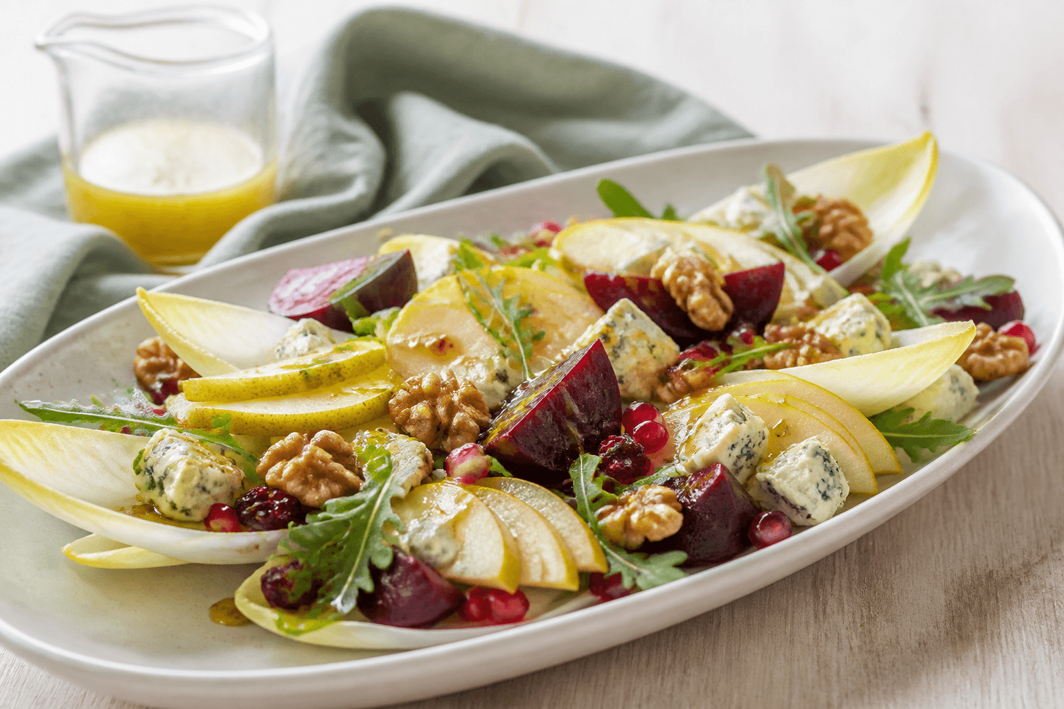 Langt lyst fad med julesalat, pære, bagt rødbede, blåskimmelost, valnødder, rucola, granatæble og gylden vinaigrette