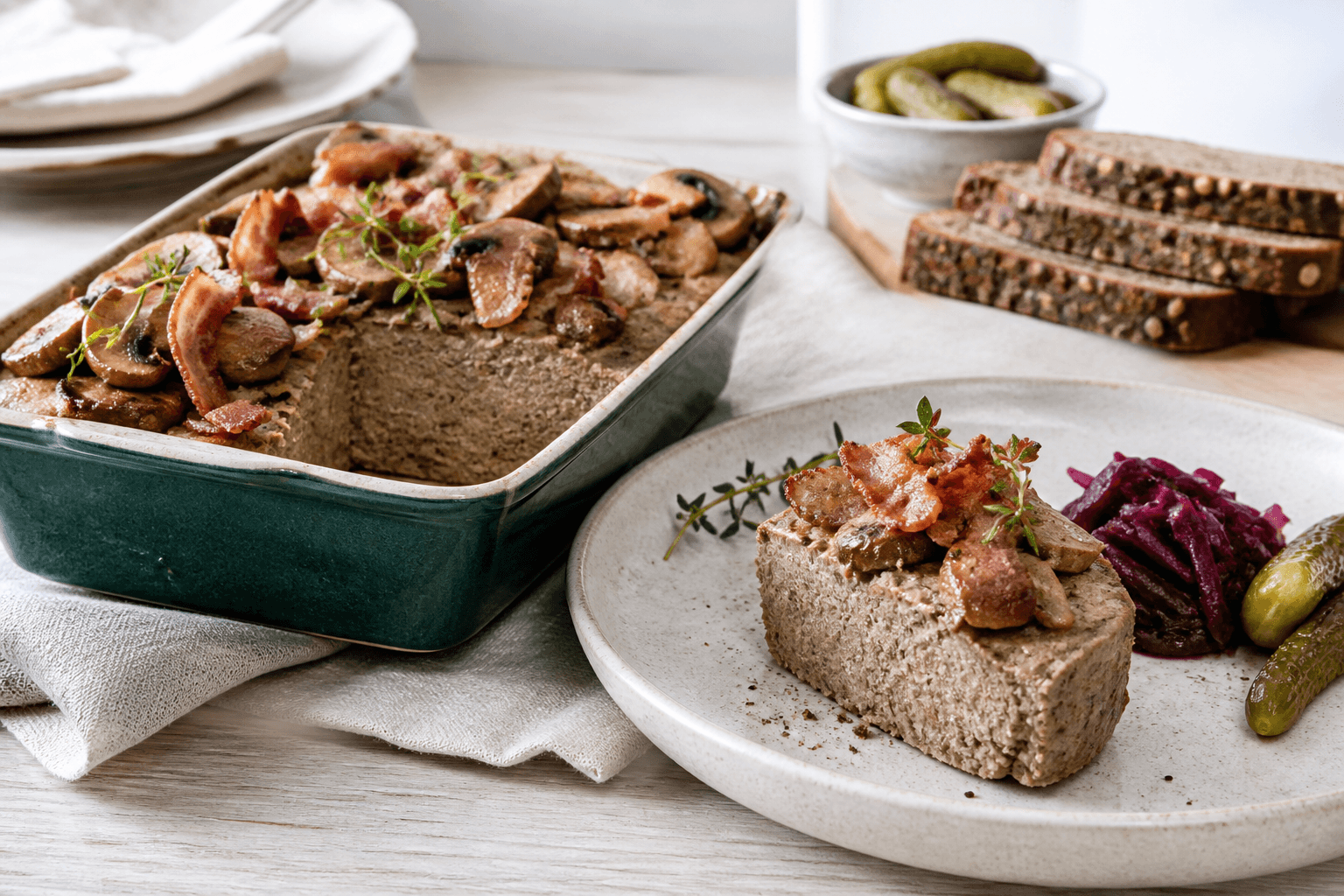 Mørkegrøn rektangulær form med lun juleleverpostej, brunede svampe, sprød bacon og timian samt en skive på tallerken med rødkål og cornichoner