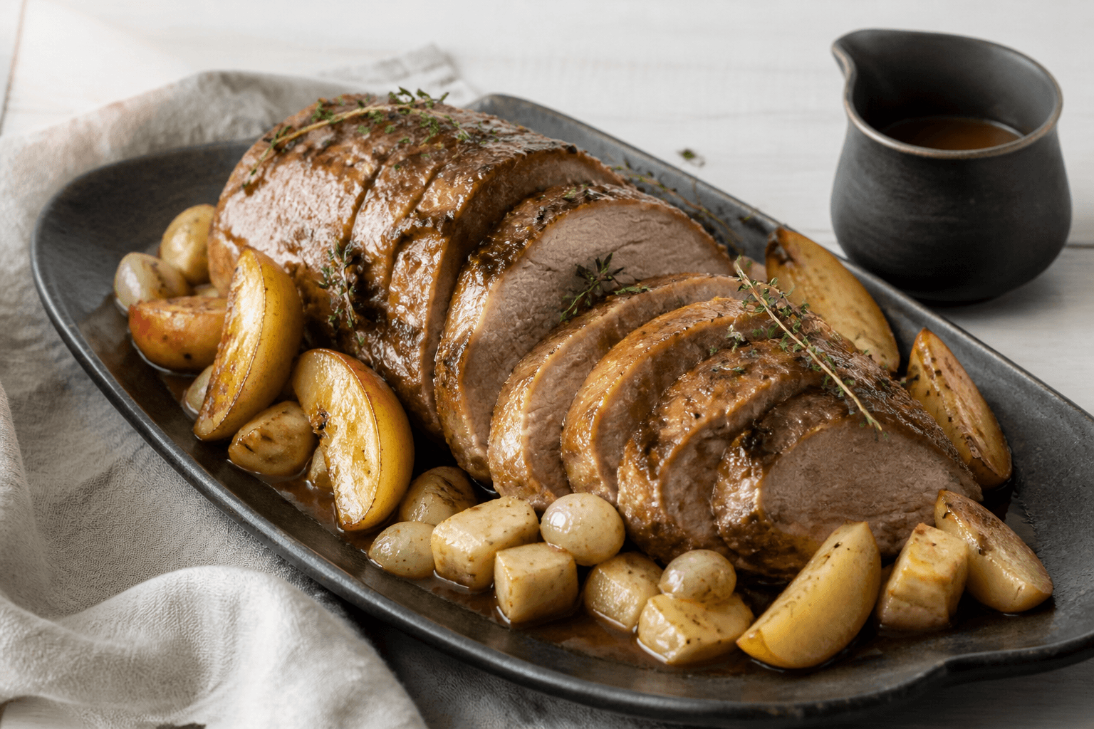 Langt mørkt fad med skiver af ciderbraiseret svinenakke, karamelliserede æbler, knoldselleri, perleløg, timian og blank sauce