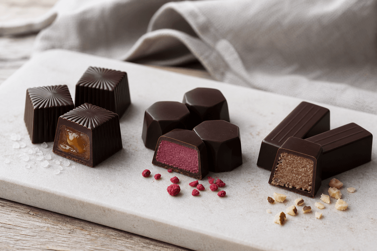 Tre geometriske mørke chokolader med synligt fyld af saltkaramel, hindbærganache og hasselnøddepraliné på en lys stenplade
