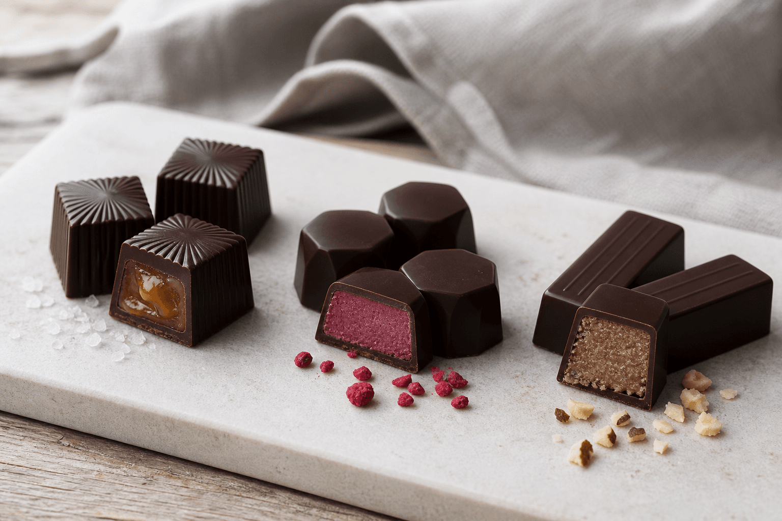Tre geometriske mørke chokolader med synligt fyld af saltkaramel, hindbærganache og hasselnøddepraliné på en lys stenplade