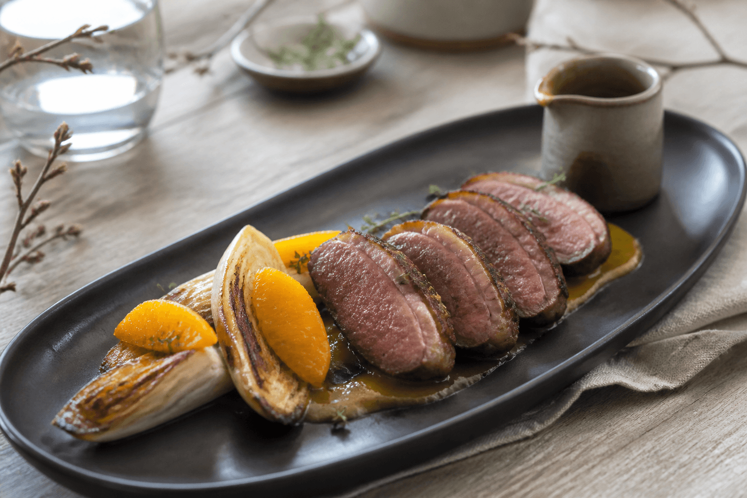 Skiver af andebryst med sprødt skind, blank appelsinsauce og stegte cikorie på langt mørkt fad
