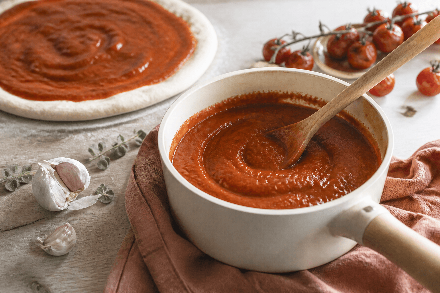 Dyb rød pizzasauce i lys keramisk gryde med træske, bagte tomater og en smurt pizzabund i baggrunden