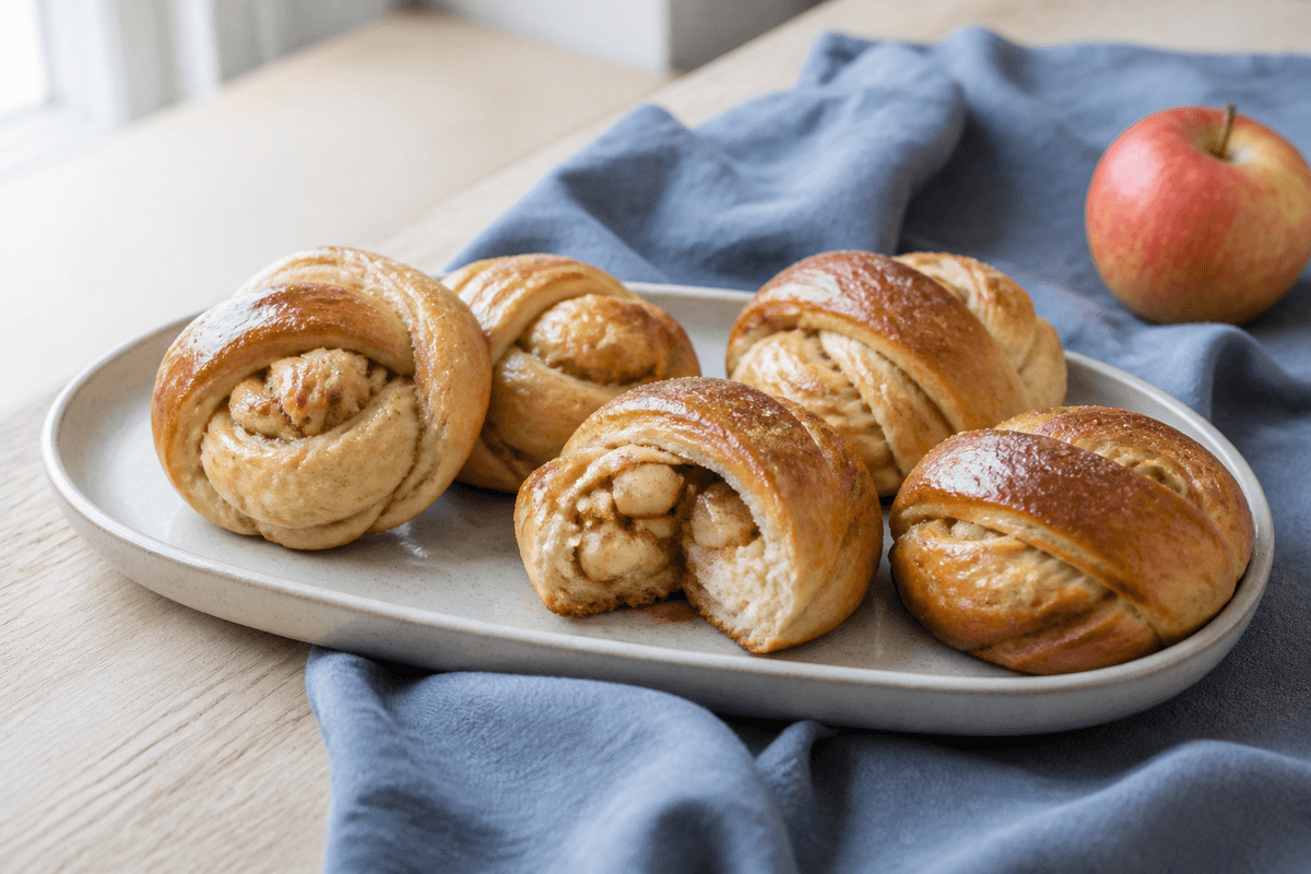 Fem gyldne æblesnurrer med kanel og tynd glasur på ovalt lyst fad, én åbnet med synlige æblestykker