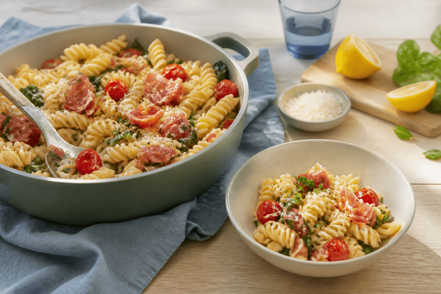 Lav salviegrøn gryde og lys skål med cremede pastaskruer, sprød serrano, tomater, spinat, citron og parmesan